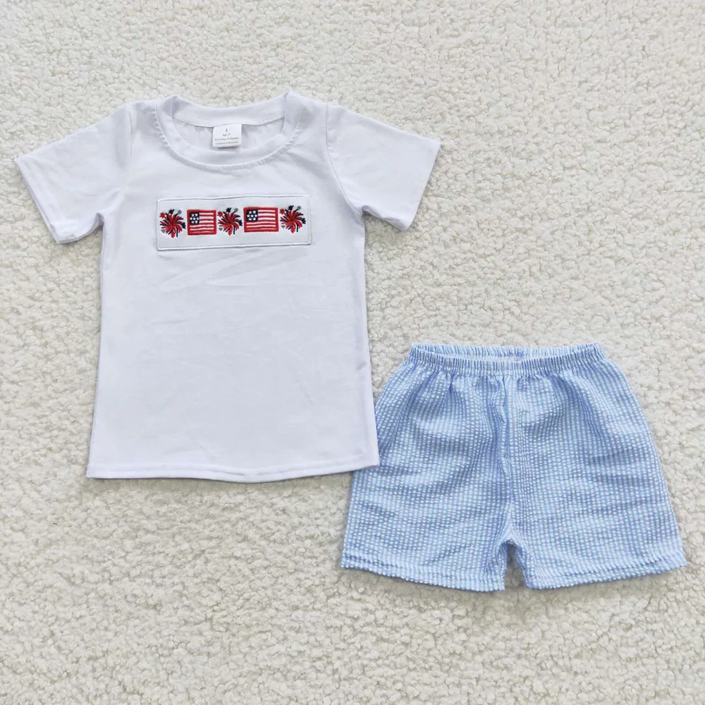 Kid July 4th Summer Flag Embroidery Set Children Matching Baby Boy Girl Plaid Dress Cotton Short Sleeves  Toddler Outfit
