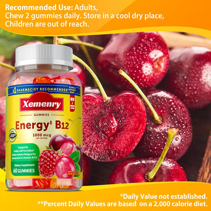 

Vitamin B12 Gummies - Reduces Fatigue, Energy Production, Supports The Nervous System, Brain, Heart Health, Brain Cell Function