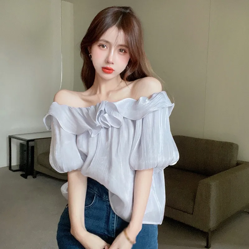 Women\'s Blouse Off Shoulder Flounces Chiffon Sweet Style Fashion Solid Color Temperament Youthful Clothes Short-Sleeved Shirt