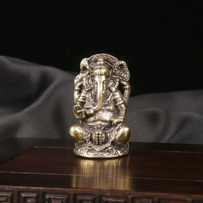 Vintage Brass Ganesha Desktop Ornament - Religious Elephant-Headed God of Wealth Enshrined Statue Handcrafted Copper Artwork
