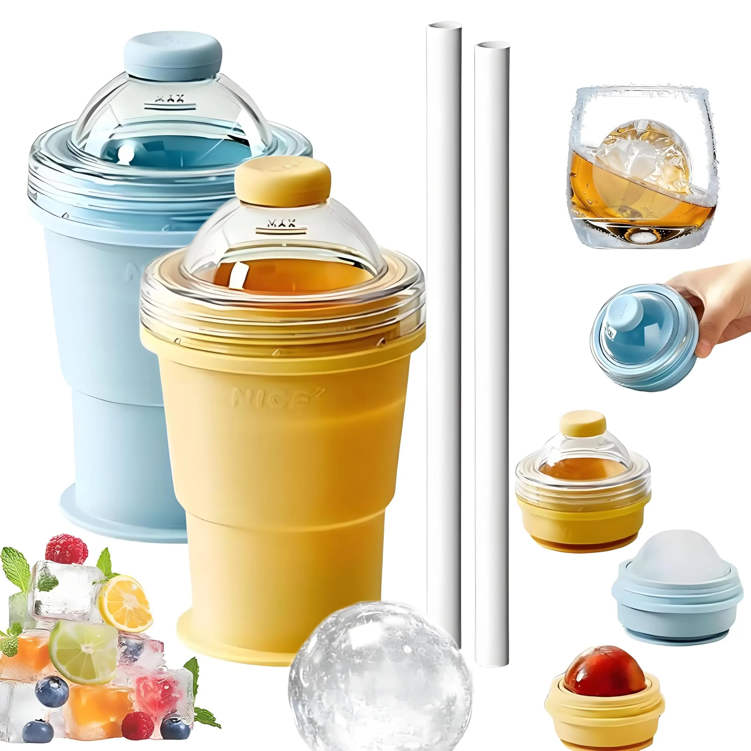Ice Maker Cup with Built-in Straw Food-Grade 2-in-1 Foldable Silicone Ice Ball Portable Ice Sphere Mold with Lid Without Straw