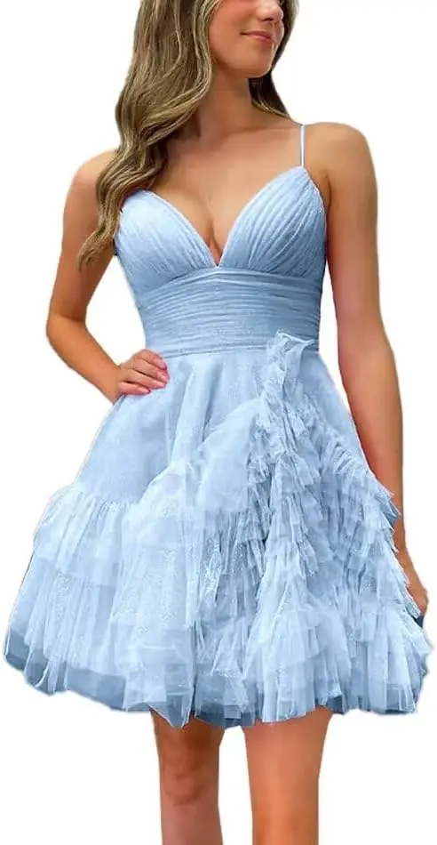 

Sparkly Tulle Homecoming Dress for Teens V-Neck Ruffles A-Line Short Prom Dress for Women Abovr Knee , Mini Cocktail Dresses