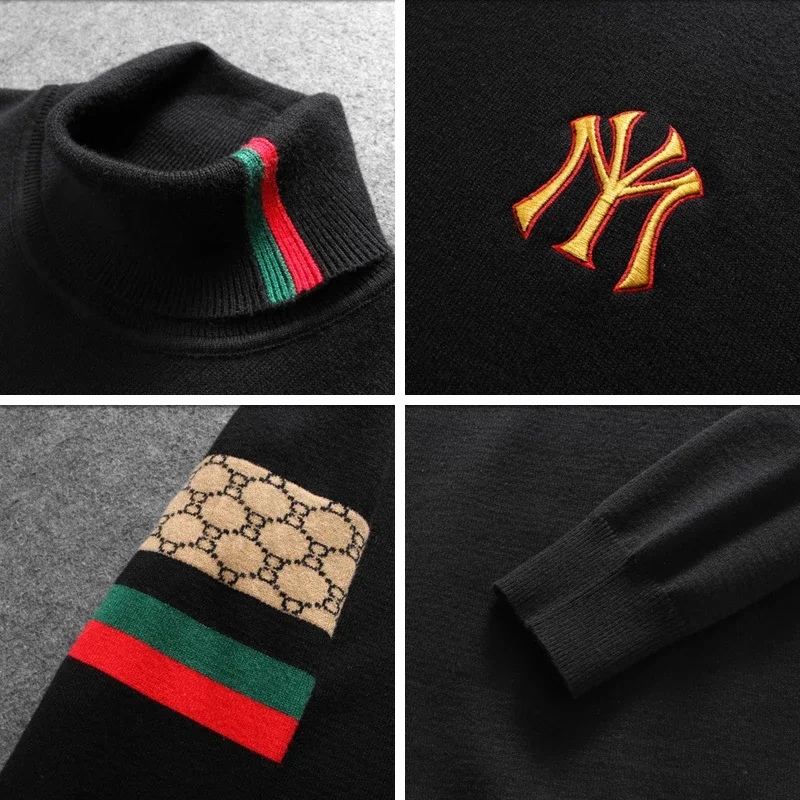Suéter de punto bordado de cuello alto para hombre, Jersey cálido de marca de diseñador exquisito, ropa de otoño e invierno, negro y amarillo, nuevo