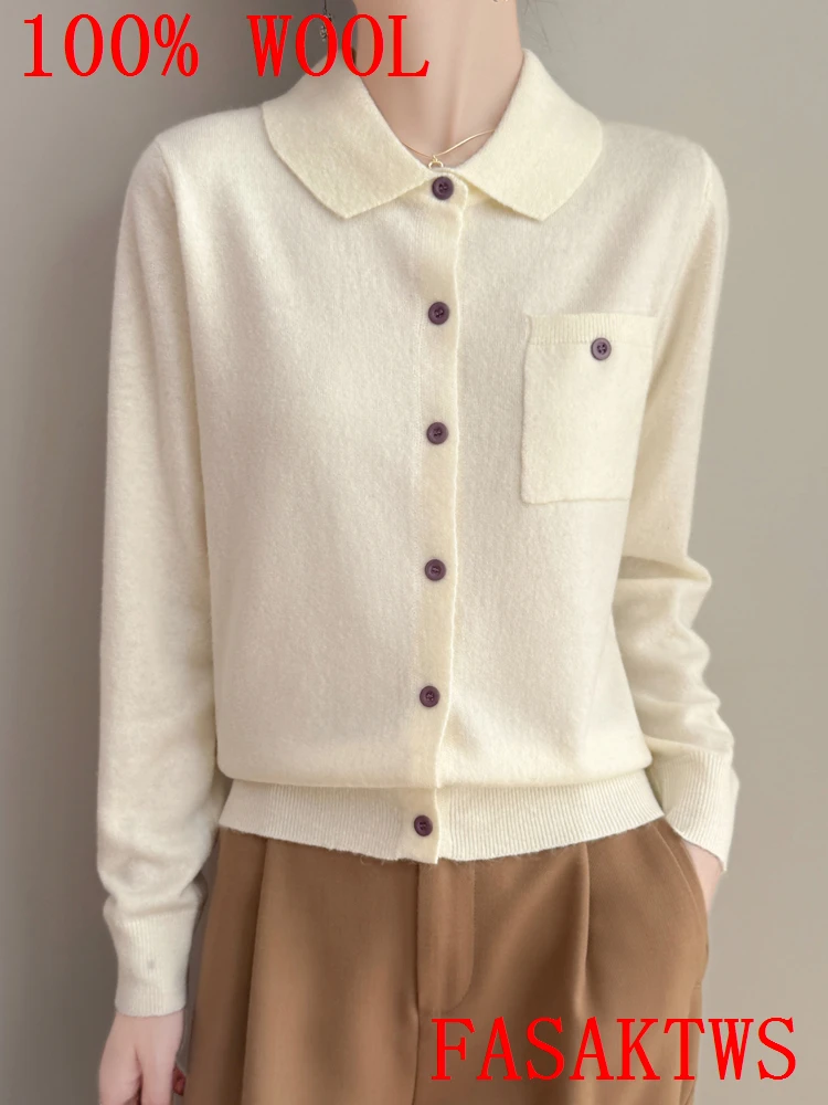 

100% Pure Australian Wool New Lapel Cardigan Pocket Shirt Knitted Long Sleeve Cashmere Sweater Women's Autumn Winter Chic Tops