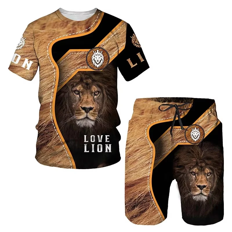 Newest Summer 3D Lion Pattern Printed Suit Men Large Size Casual Fashion Sportswear T-shirt + Shorts Two-piece Breathable Set