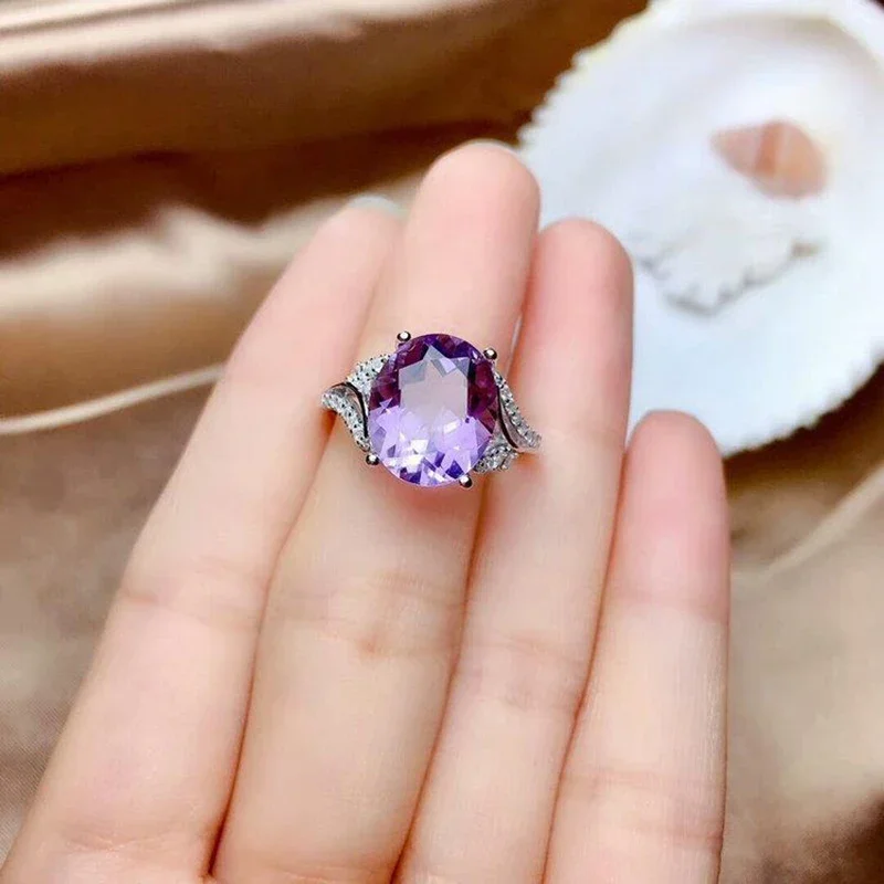 Original design diamond amethyst ladies ring oval cut surface adjustable sparkling light luxury charm silver jewelry