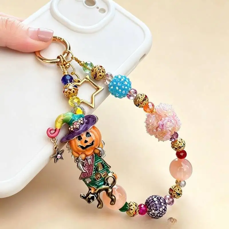 Halloween Pumpkin Handmade Colorful Crystal Beaded Bag Charm Enamel Pumpkin Wizard Pendant Women Handbag Key Ring Holiday Gift