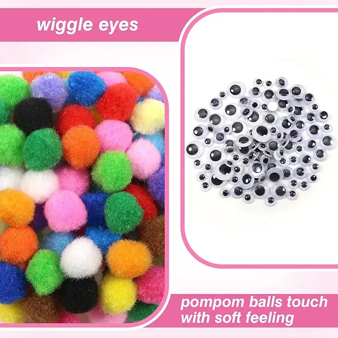 Pompones surtidos de 0,6 pulgadas, bolas de pompones peludos multicolores, suministros de arte con ojos de movimiento para decoraciones artesanales DIY