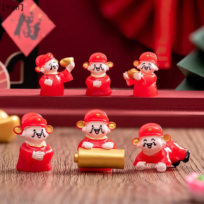 srpYan OtraYan Poh7Pcs/set New Year Luck Ornaments Cartoon Mini God Of Wealth Statue Figurki Micro Landscape Decoration Desktop Ornament