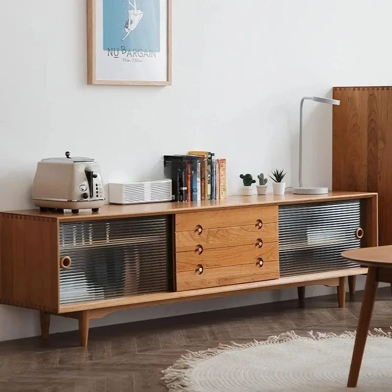 TV Cabinet Solid Wood Sliding Door Modern Simple Japanese Style Storage Cabinet Floor-standing TV Cabinet with Removable
