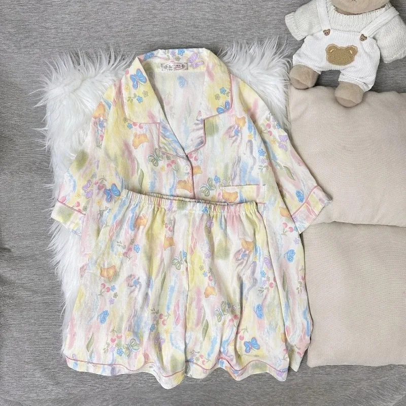 Colourful Print Pajama Set Women Summer Sweet Cute Butterfly Rabbit Floral Pattern Soft Casual Loungewear Two Piece Nightwear