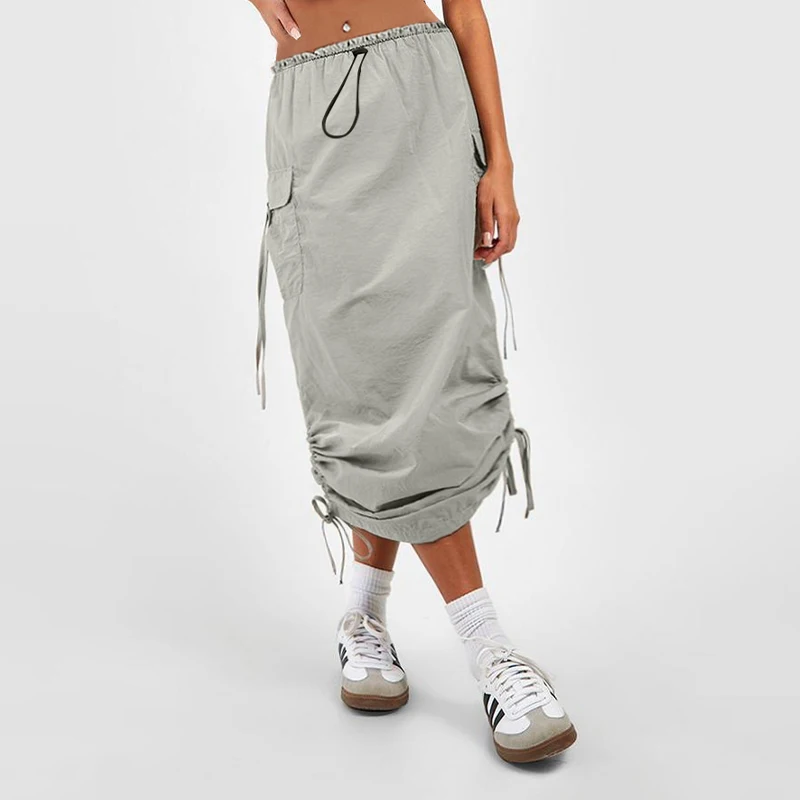 Fashion Casual Women\'s Elastic Waist Flap Pocket Drawstring Skirt y2y Half Skirt Work Skirt