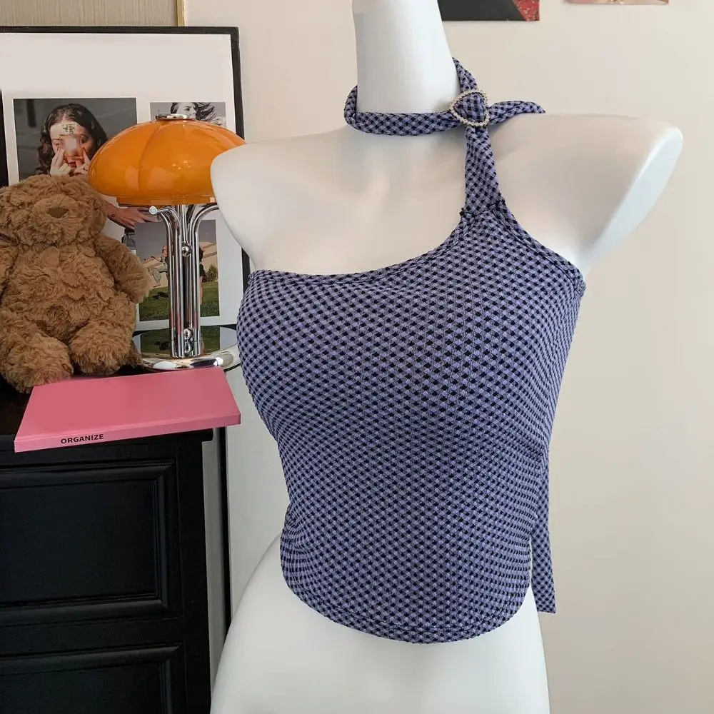 

Fashion Lace-up Skinny Halter Camisole Spicy Girl Style Undershirts Sleeveless Crop Top Slim Fit Irregular Checkered Vest Summer