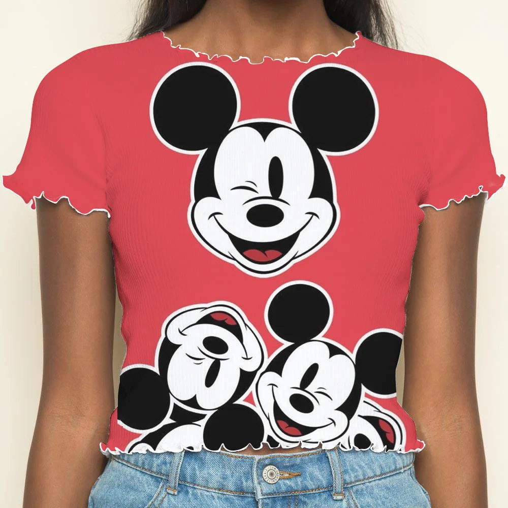 Disney-Haut court à manches courtes Minnie Mouse, T-shirt à col rond, Garniture en laitue, Vêtements pour femmes