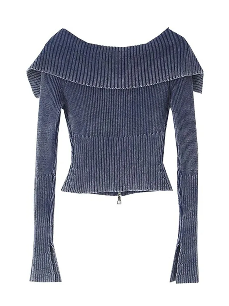 2024 Autumn Y2K Knitted Women Cardigan Sweater Wrist Sleeve Slim Turn-Down Up Collar Double Zippers Female Crop Top C-192