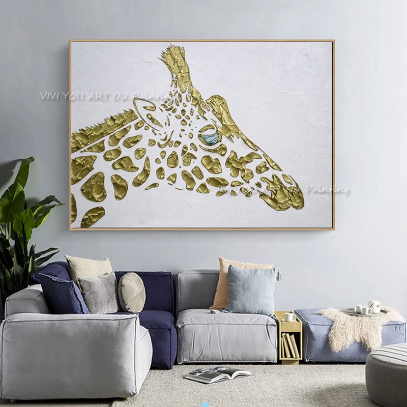 

100% Handamde New Large Animal Wall Art Knife Golden Giraffe Oil Painting On Canvas Home Lliving Room Bedroom Decoration