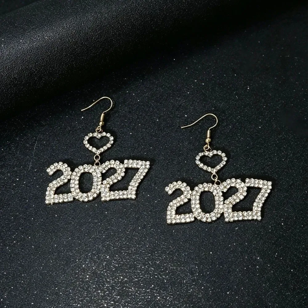 Elegant 2027 Digital Earrings Long Drop Hollowed-out Fashion Happy New Year Earrings Rhinestone Heart-Shaped