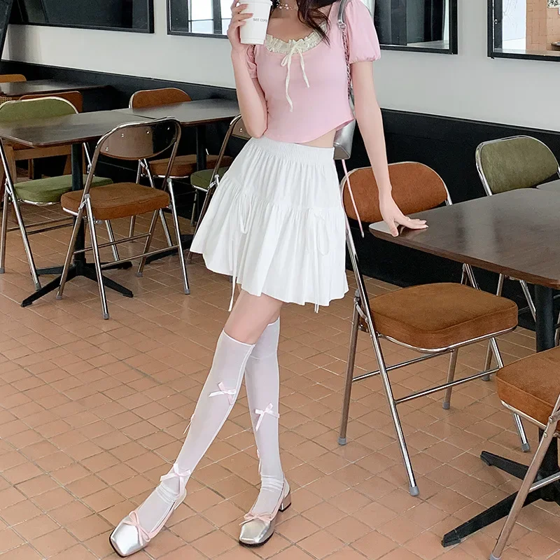 Fashion Sweet Tied Cake Skirt for Women Summer Thin 2024 New Casual Ballet Style Pleated Small Figure Slim A-line Short Skirts