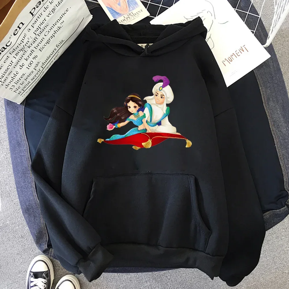 Harajuku Kawaii Disney Cartoon Hoodie The Wonders of Aladdin Print Unisex Black Hoodies Autumn Casual O-Neck Pullover Sweatshirt