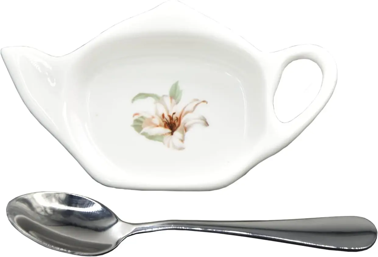 

Ceramic Teapot-Shaped Tea Bag Holder with Spoon, 4.5 Inch Coaster Tray for Tea Accessories