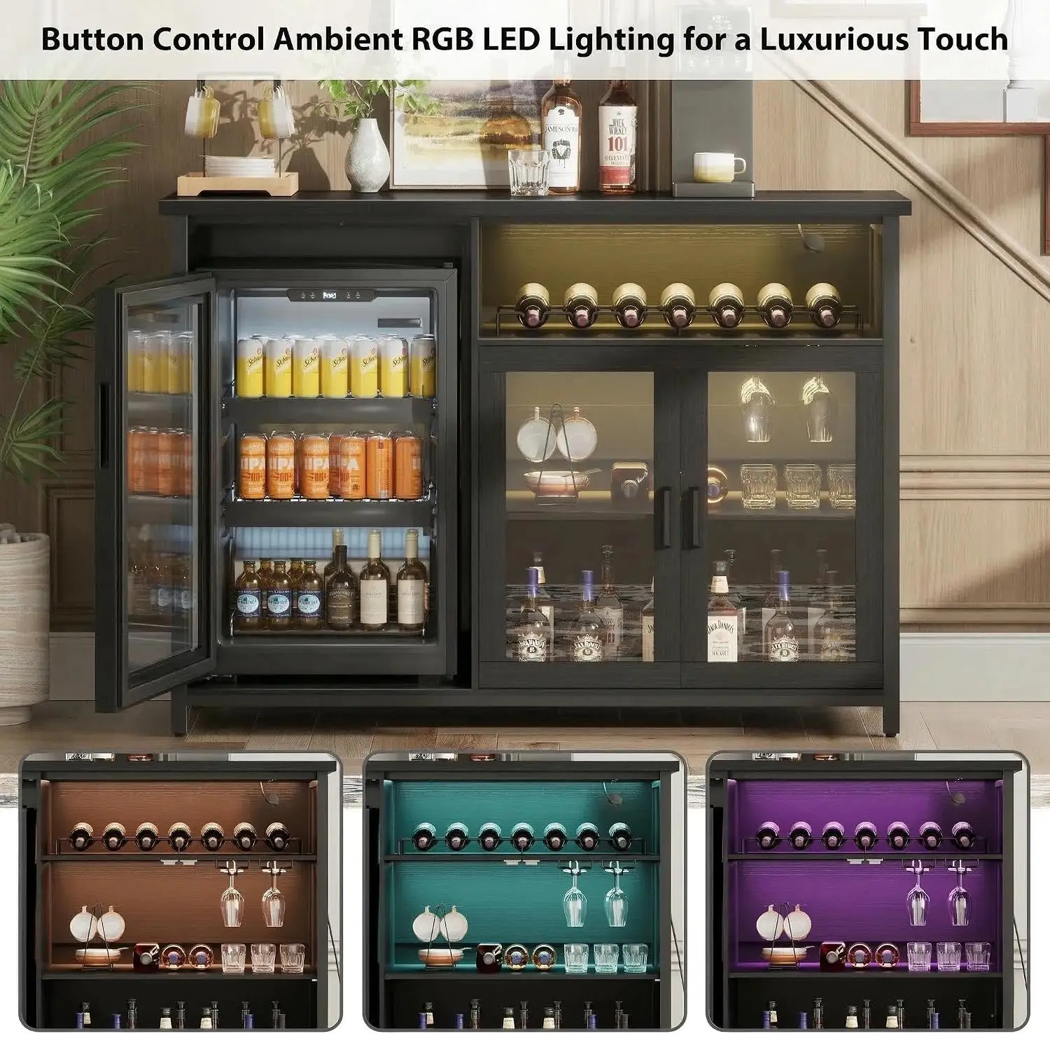 Wine Bar Cabinet with Mini Fridge Space, Power Outlet & LED Lights, Customized