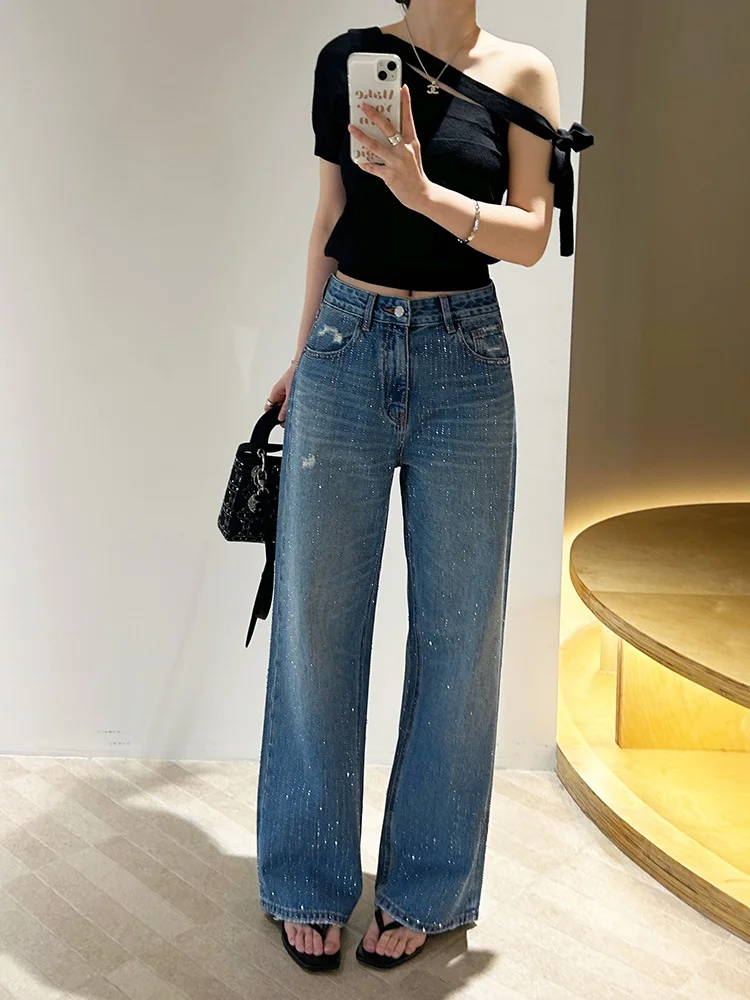 

Spring 2026 Women's Straight Leg Denim Jeans High Waist Embellied with Hotfix Rhinestones Slim Wide Leg Korean Sle
