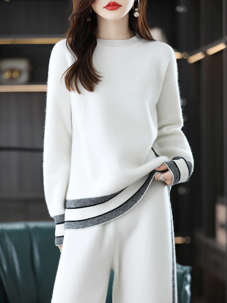 

Autumn New 100% Pure Wool Sweater Set Two Piece Loose Knitted Luxury High end Wool Sweater Pants [No Returns Supported]