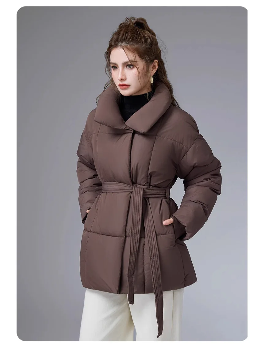 ZAROY Women Winter Belted Jacket Elegant Stand Collar Windproof Puffer Coat Cotton Padded Thick Warm Snow Parkas Overcoat куртка