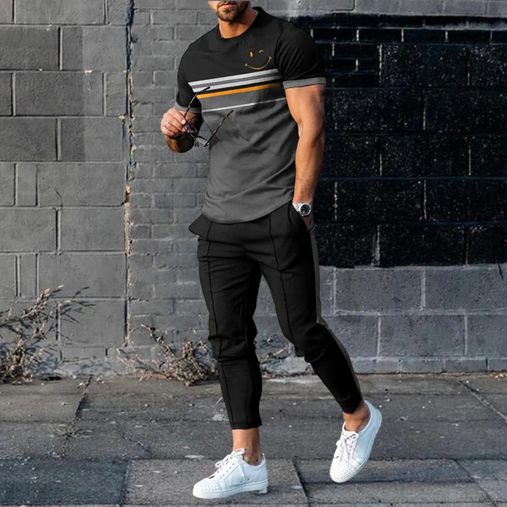 Fashion Colorful Blocks 3D Print Men Sportswear Set Short-Sleeved T Shirt Pants 2-Piece Set Oversized Pullover Men Clothing