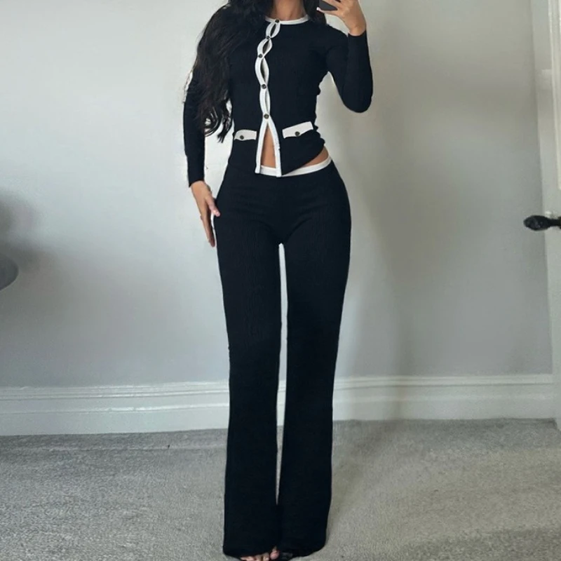 

Fall 2025 Personalized Round Neck Button Contrast Cardigan Long Sleeve High Waist Slim Trousers Women's Suit