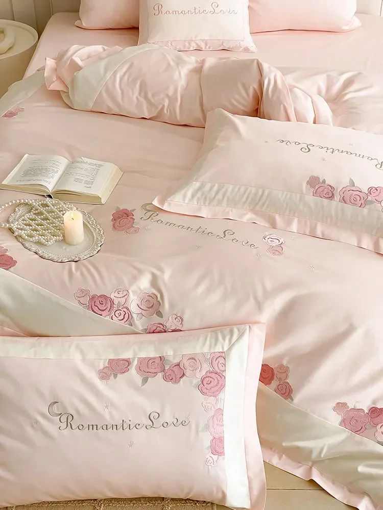 Girl's heart romantic 100 Tencel Australian cotton four-piece set rose embroidery pure cotton quilt cover 1.8 bed