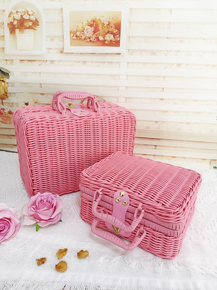

Retro Wier Handbag Sle Storage Box Pink Cosmetic Picnic Organizer Small Medium Size Outdoor Indoor Versatile Gift Box