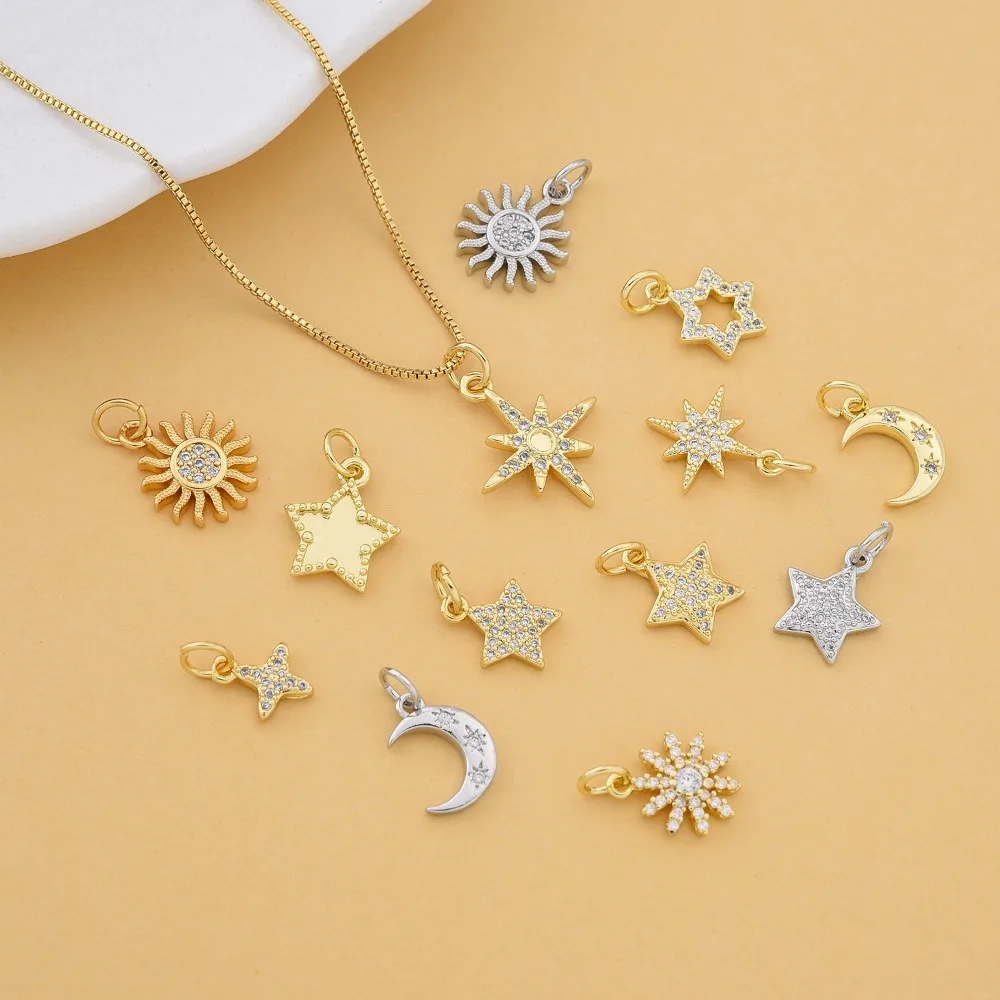 

4 Pcs Sun Star Moon Snowflake Mini Pendant for DIY Bracelet Necklace Jewelry Making Copper Plated Micro Inlay Zircon Accessories