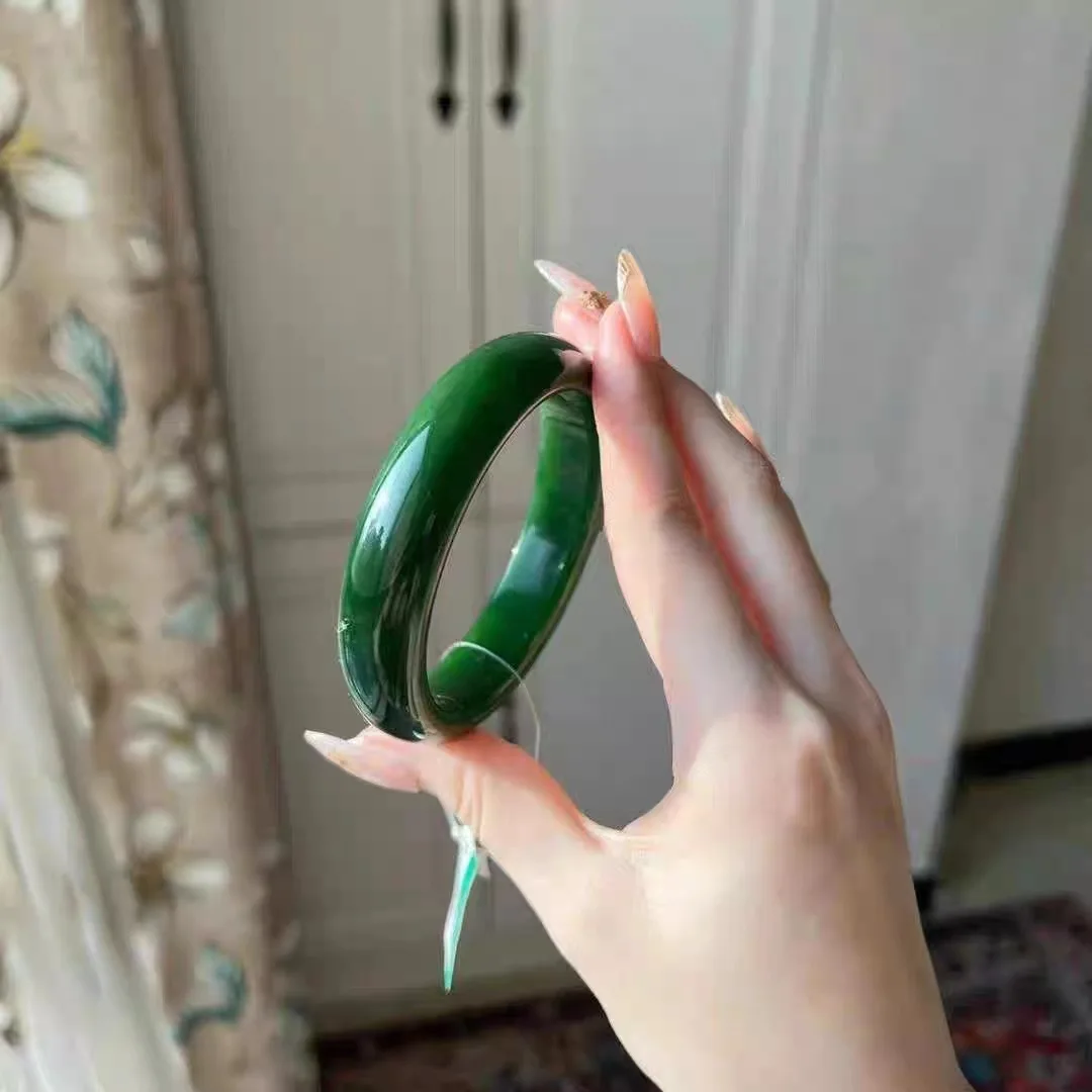 

Material Hetian Jade Wide Bar Spinach Green Greenish White Bracelet Flat Yellow Mouth for Women