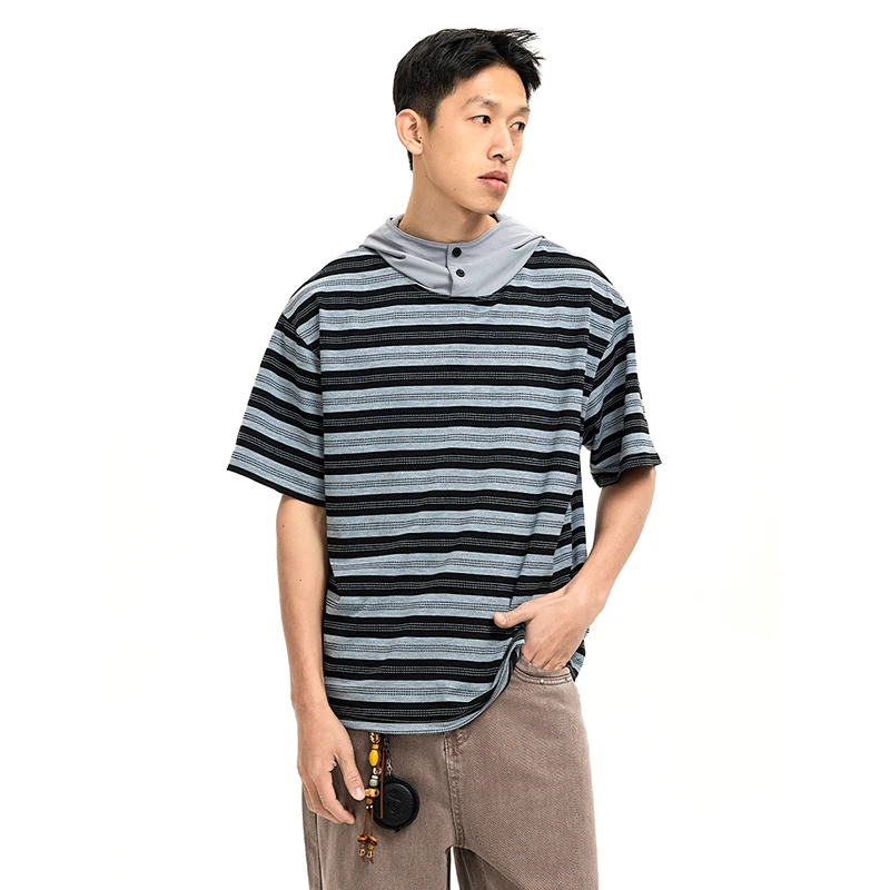 

50% Cotton Men's BreathableAmerican Retro Striped Short Sleeve Hoodie, Summer Loose Fit Casual Pullover, Black Grey Stripe