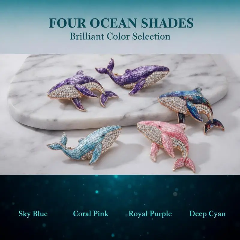1Pc Delicate Rhinestone Whale Brooch Shiny Sea Animal Jewelry Anti-Fade Alloy Brooch for Women Anniversary Gift Choice