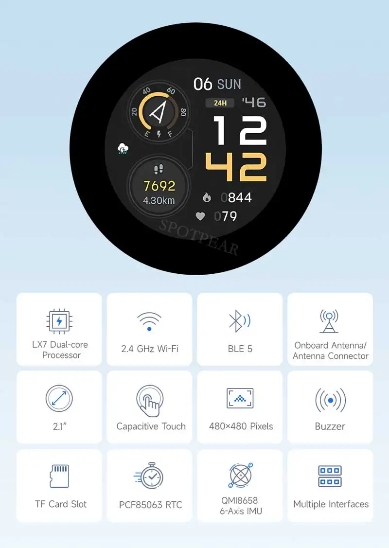 ESP32 S3 2.8inch Round LCD Display Touch Screen 480x480Pixel QMI8658 Sensor/MIC/SD/MP3  Audio/Battery Port LVGL/HMI For Arduino