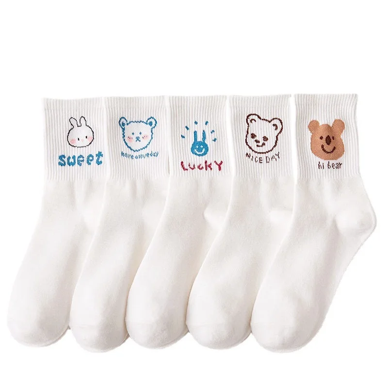 

Women Cute Rabbit Bear Animal Head Print Cartoon White Cotton Socks Fashion Street Casual Sport Breathable Long Middle Tube Sock