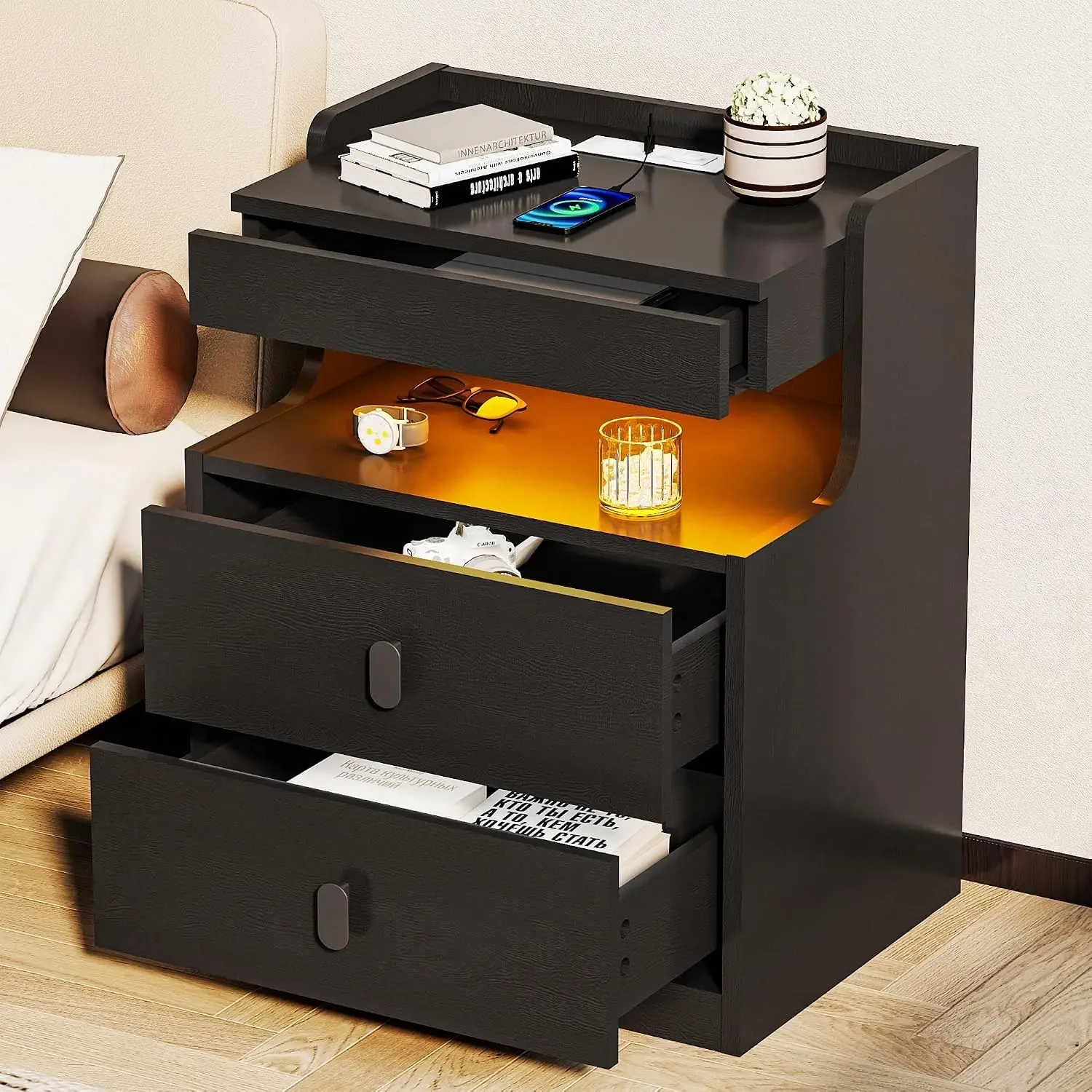 Nightstand with Charging Station RGB Light 2 Drawers & Hidden Compartment USB Ports End Table Bedroom, Customized
