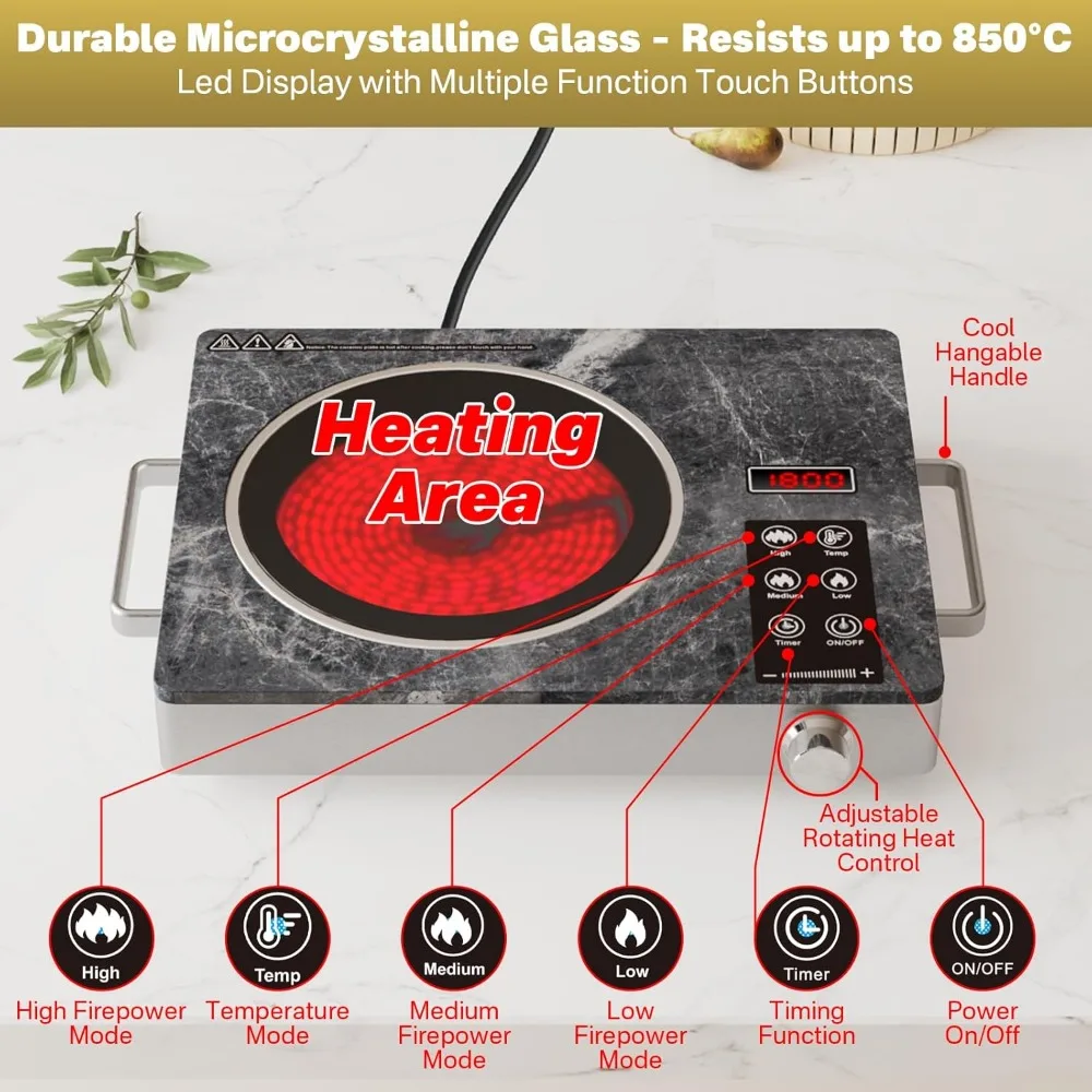 독일산 싱글 버너 세라믹 쿡탑, 휴대용 1800W 전기 스토브, 조리용 카운터탑 버너, 플러그인 주방 핫 플레이트