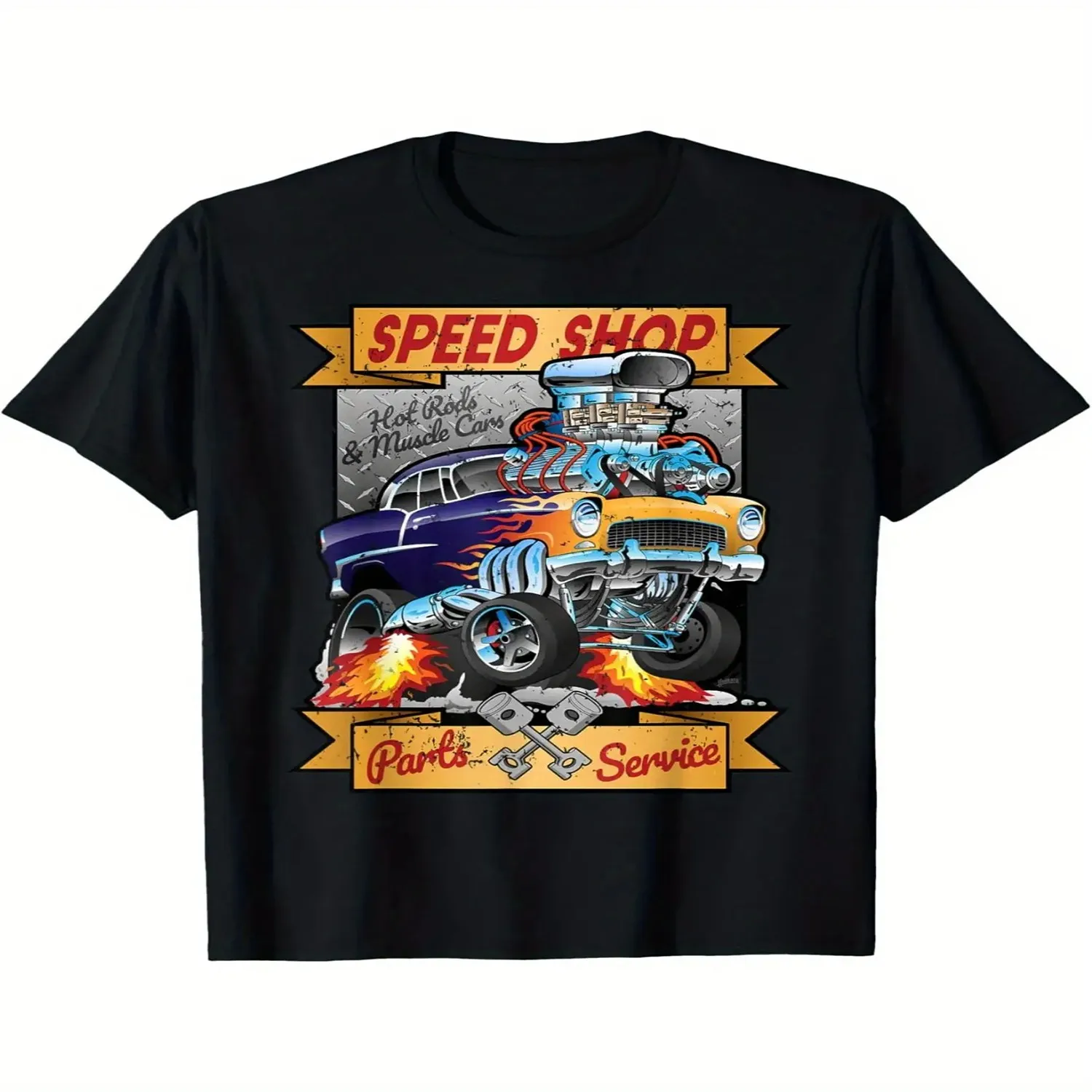 Vintage Hot Rod Muscle Car Men's T-Shirt- Black Cotton Classic Car Speed Shop Cartoon Pattern T-Shirt Everyday Wear Shirt, Art Print Tshirt