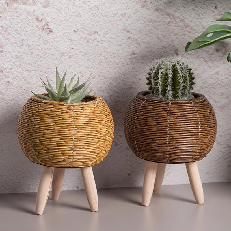 Vintage Imitation Rattan Woven Flower Shelf Planters Handmade Storage Basket with Removable Wooden Legs Plant Pot Stand Holder