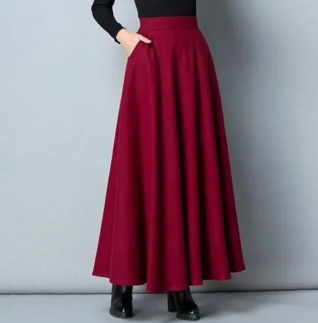 Autumn  Winter  Print  Women's 2021 New High Waist Medium Length A-line Large Swing  Shows Thin Long Skirt Claret Gray