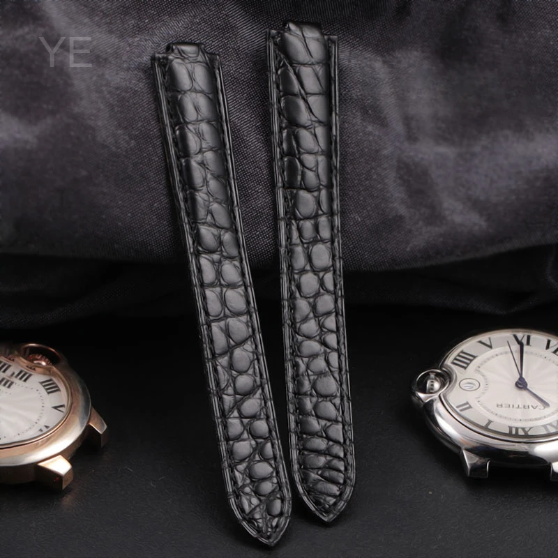 حزام ساعة تمساح أصلي بواجهة محدبة خاصة باللون البني والأسود لحزام كارتييه بالون بلو دي المقاوم للماء والعرق