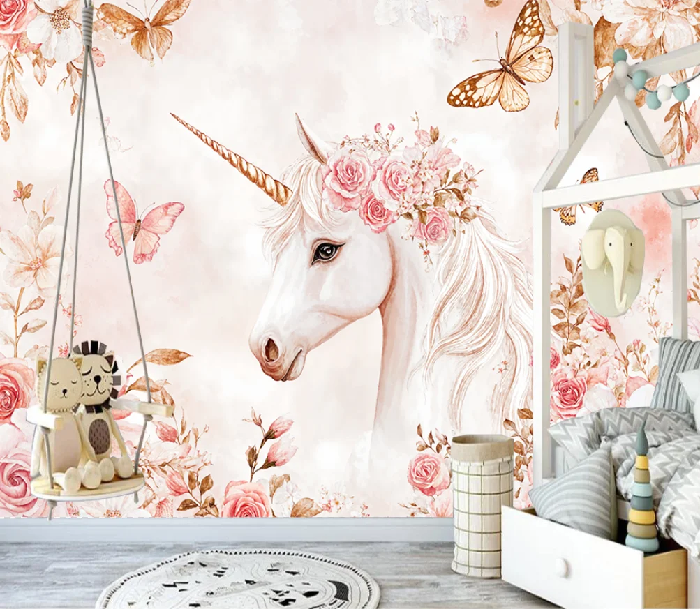 Customized Size Mural Hand-Painted Children's Room Unicorn Flower Wallpaper Home Decoration Cartoon Animal Castle 3D Wallpaper