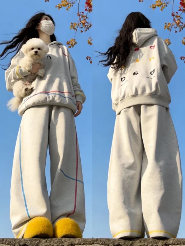 Ensemble de vêtements de sport à capuche imprimé fil irrégulier coloré, manches longues, ample, deux pièces, pour hommes et femmes, décontracté, automne hiver