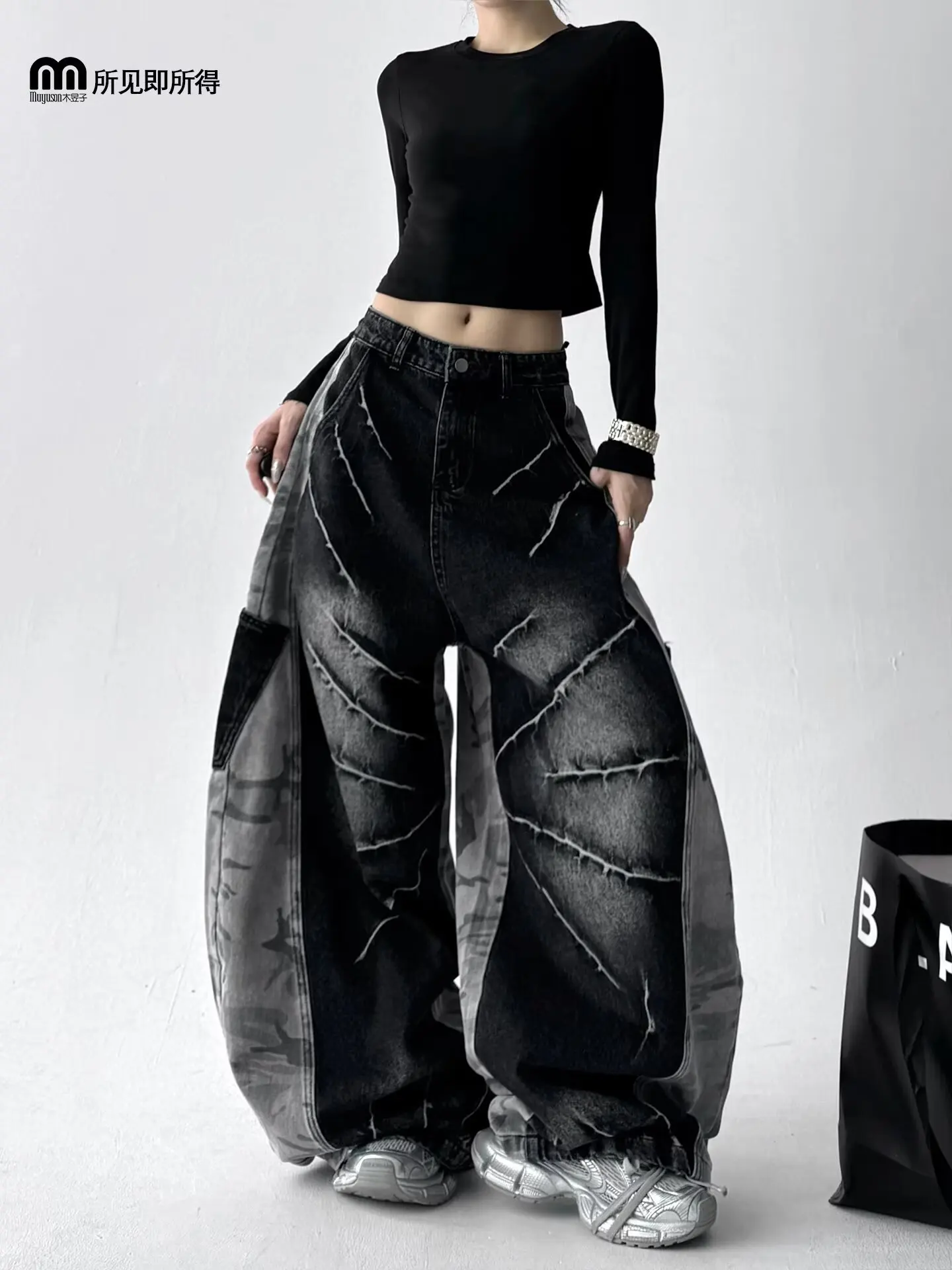 2026 Harajuku Y2K Fashion Vintage Black Patchwork Baggy Women's Jeans Pants Wide Leg Woman Clothing Casual Cotton Denim Trousers