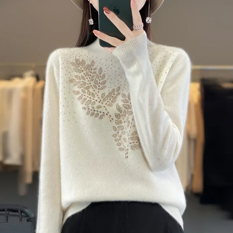 High Collar Wool Sweater Women\'s Rhinestone Loose Pullover Autumn And Winter Chic Long Sleeve Top Knitted Solid Color Turtleneck