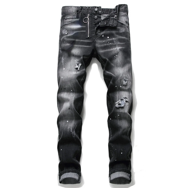 

Mens Street Fashion Slim Fit Ripped Black Jeans Quality Men Luxury Brand Blue Denim Pants Men Stretch Skinny Jeans Size 44-54