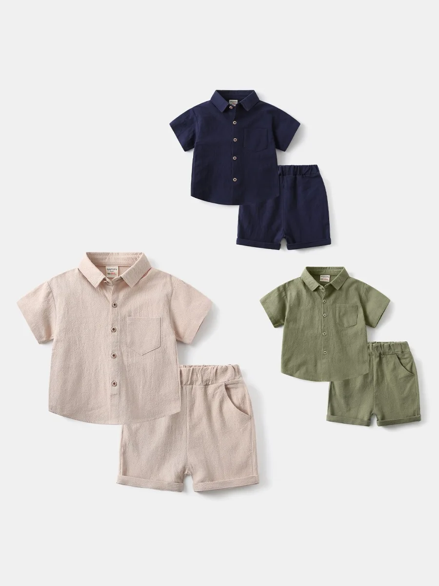 FINEPAT New Summer Kids Clothes Set Solid Color Thin Boys Shirts +Shorts Korean Version Loose Children Outfit 2PCS  2-6T